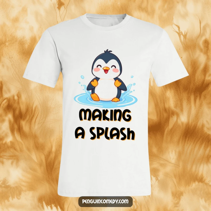 Funny Penguin Splashing Puddle T-Shirt, a happy penguin character mid-splash in a bright blue puddle, showcasing a love for playful water activities.