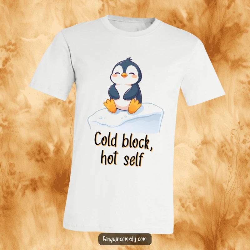 Funny penguin t-shirt depicting a happy penguin sunbathing on a snowy ledge, designed for ultimate comfort and comedic winter vibes.