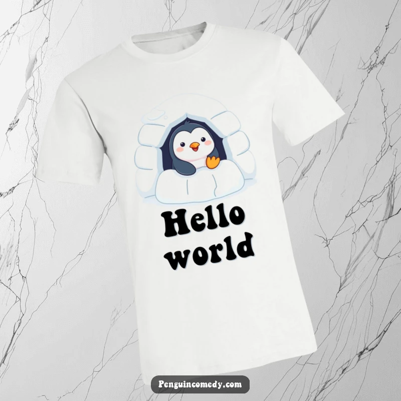 Funny Penguin T-Shirt: a cheerful penguin peeking out from a cozy igloo, embodying playful curiosity.