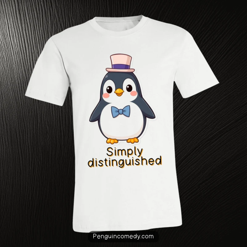 Funny T-Shirt: A distinguished penguin character wearing a small top hat and bowtie, exuding charm.