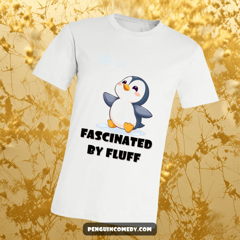 Funny Penguin Watching Snowflake T-Shirt, a cute penguin character with wide eyes looking up at a single snowflake drifting down.