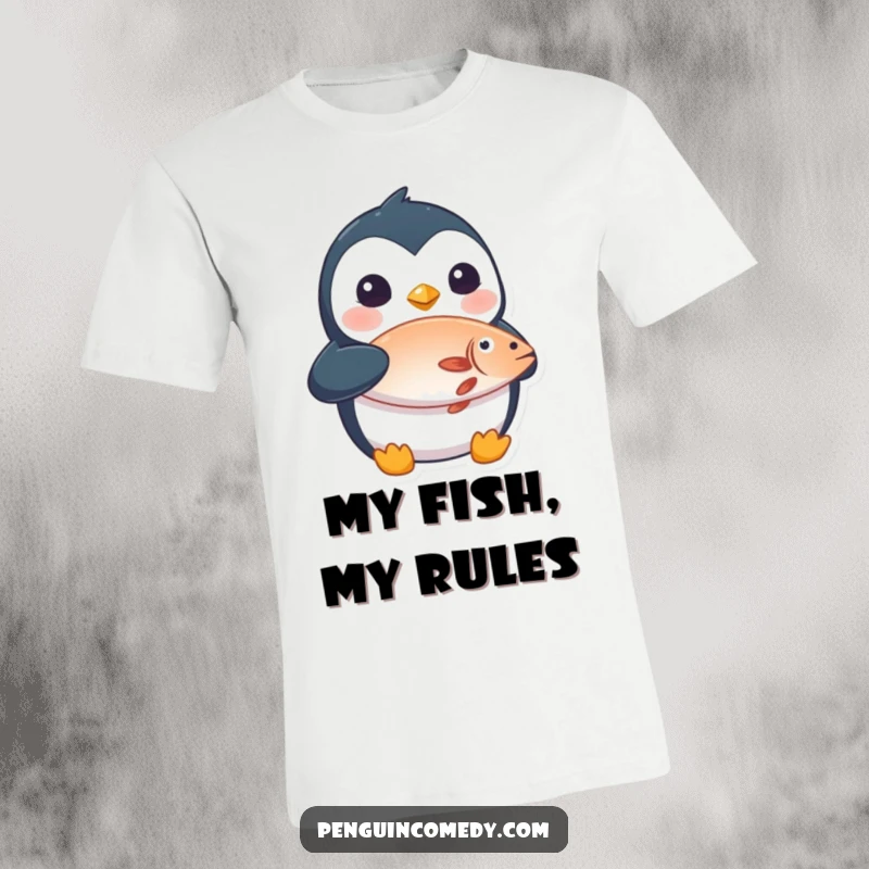 Funny penguin T-shirt with a shocked expression holding a fish, a comical graphic tee for humor enthusiasts.