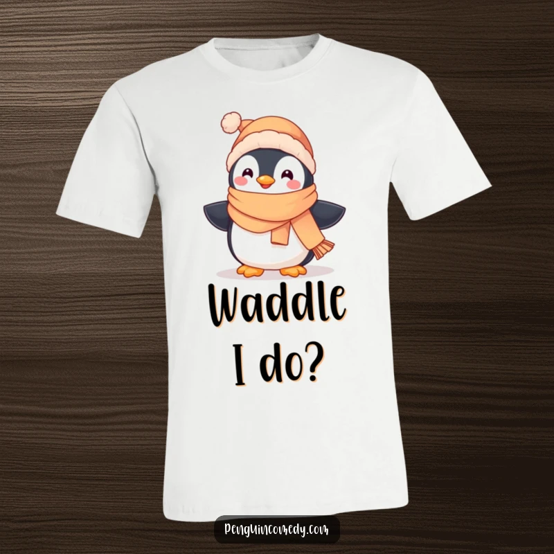 Funny graphic t-shirt featuring a cute penguin wearing a scarf and hat, waddling with glee in the snow.