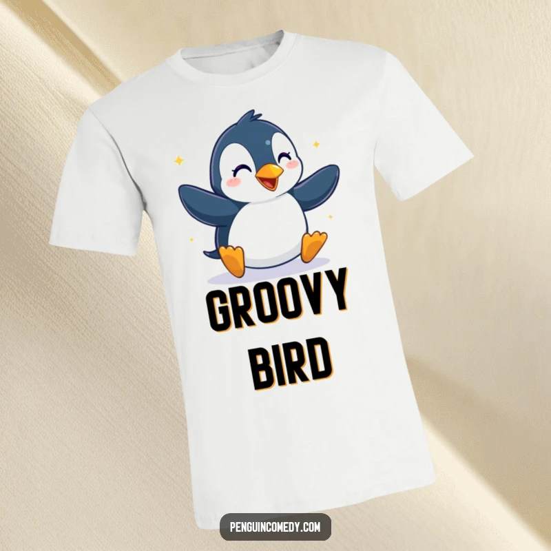 Funny t-shirt with a penguin enthusiastically dancing with pure glee, perfect for sharing joy and lighthearted fun.