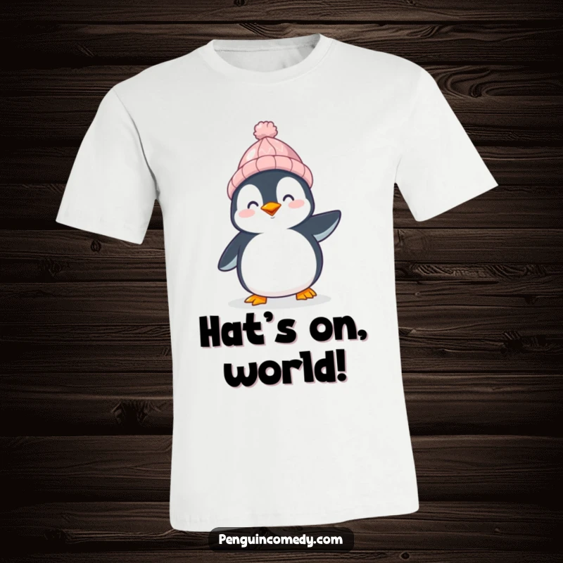 Funny Penguin Cotton T-Shirt: A happy penguin wearing a hat waddles proudly, a cheerful and funny gift for animal lovers.
