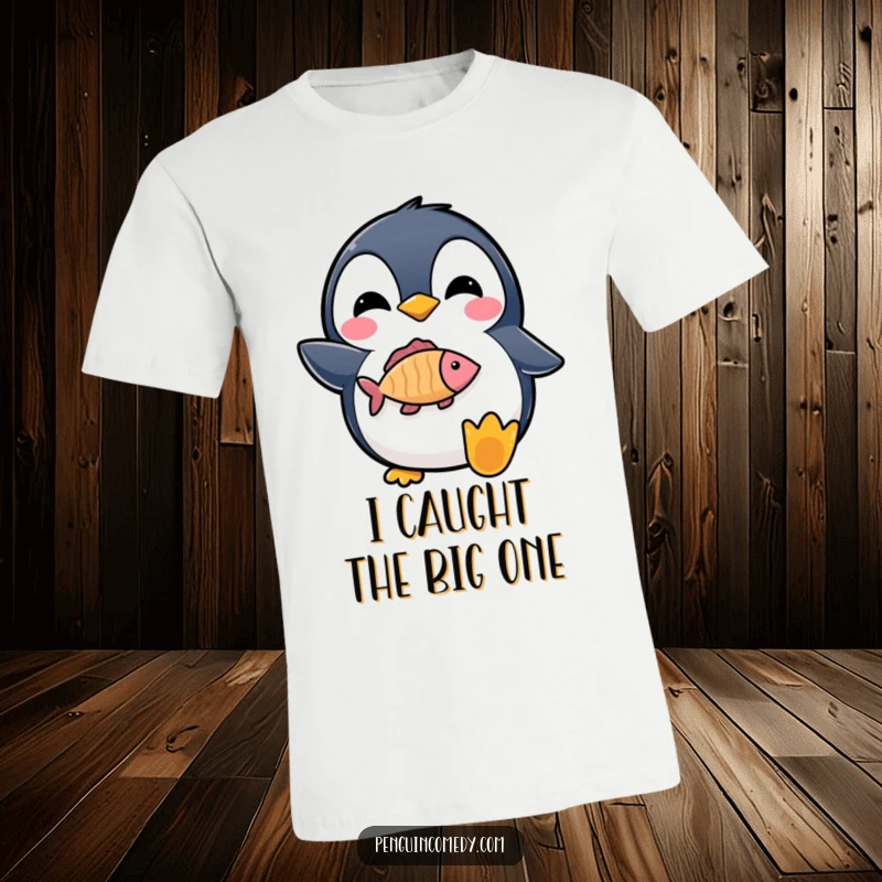 Funny t-shirt featuring a delighted penguin holding a fish icon with pride, perfect for animal lovers.