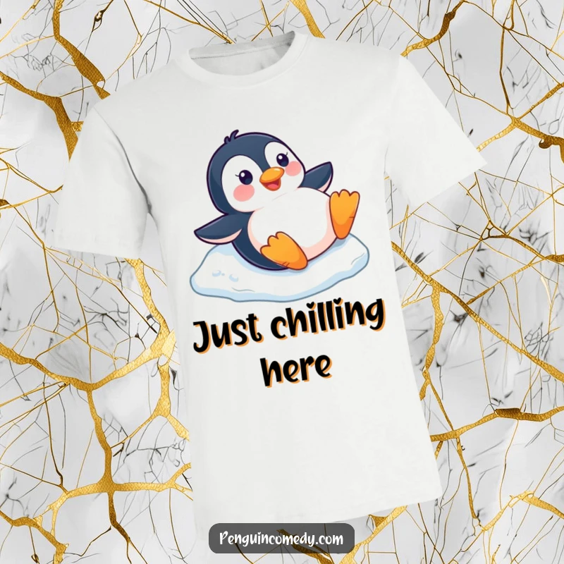 Funny happy penguin sliding down a small ice slope on its belly, printed on a fun winter t-shirt.