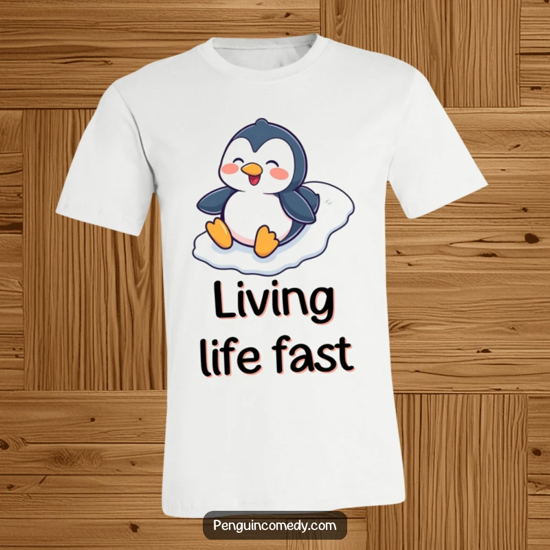 Funny Penguin Sliding Down Icy Hill T-Shirt, a happy penguin character gracefully sliding on its belly, showcasing a love for winter adventure.