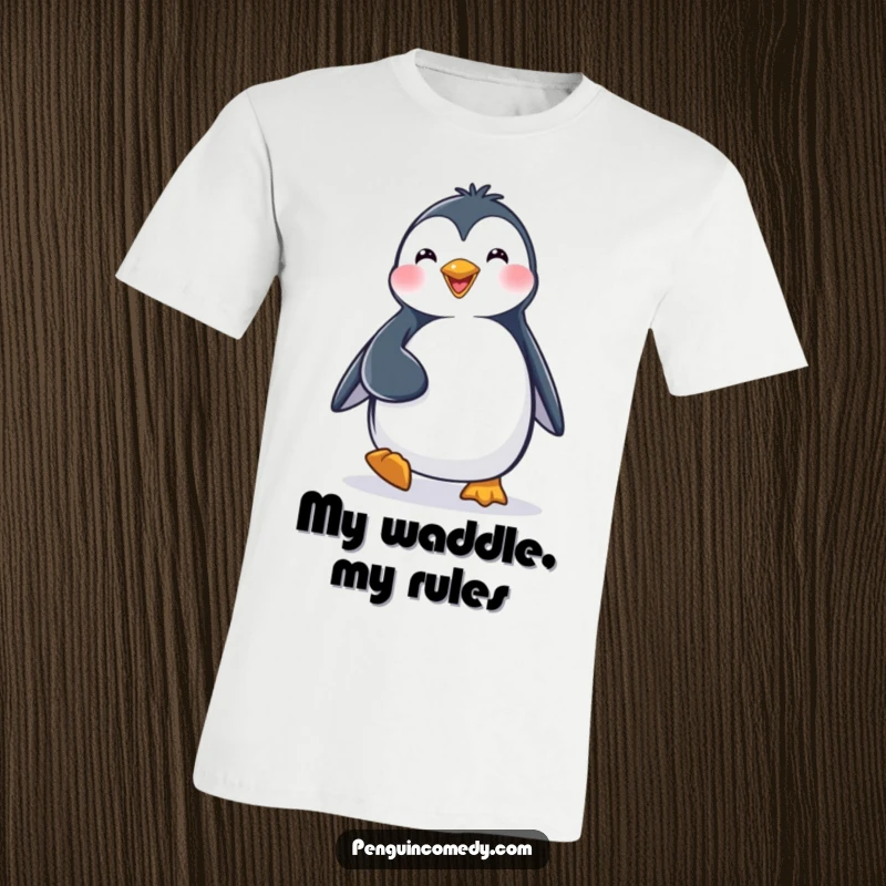 Funny T-Shirt: A cheerful penguin character waddling with a determined stride, showcasing happiness and enthusiasm.