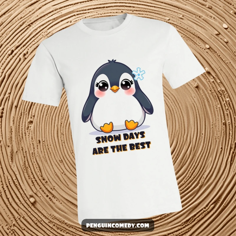 Funny Penguin T-Shirt: A cute penguin with innocent wide eyes focused on a single snowflake drifting down, embodying peaceful winter observation.