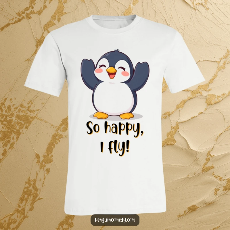 Funny Penguin T-Shirt: A cheerful penguin enthusiastically flapping its wings with pure joy and a happy demeanor, embodying vibrant delight.