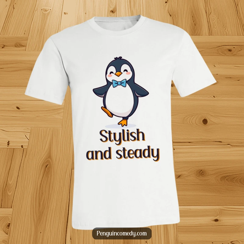 Funny penguin T-shirt design of a penguin in a bow tie balancing gracefully, a stylish and humorous apparel.
