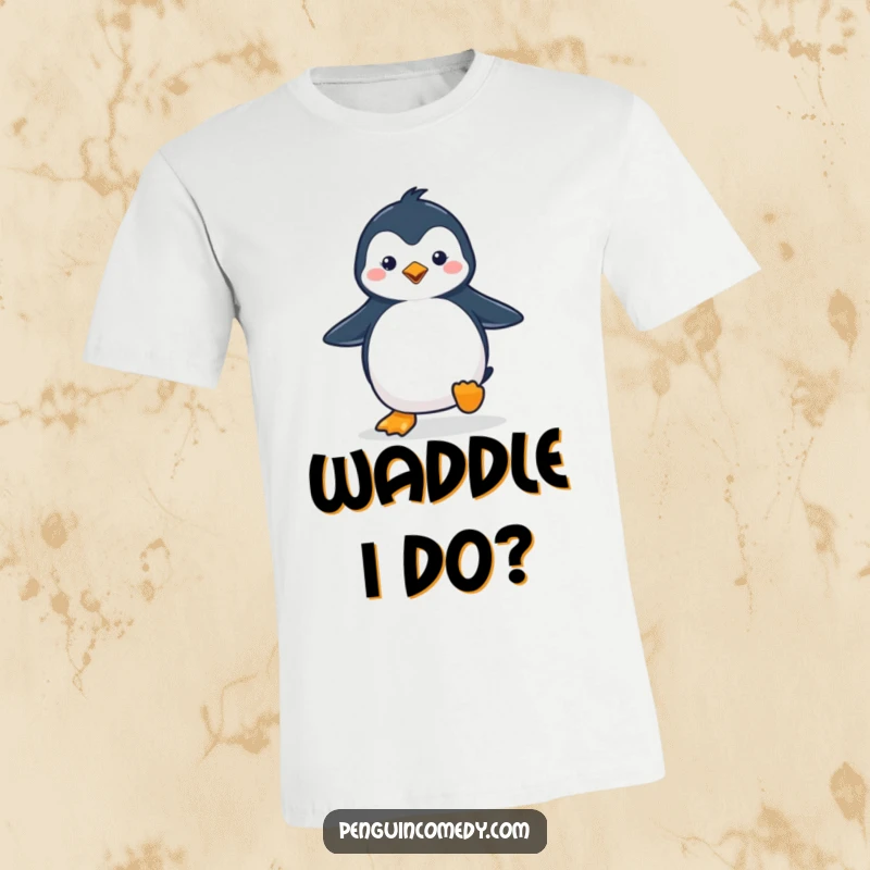 Funny penguin t-shirt with a cute penguin waddling with a happy stride, showcasing pure joy and endearing movement.