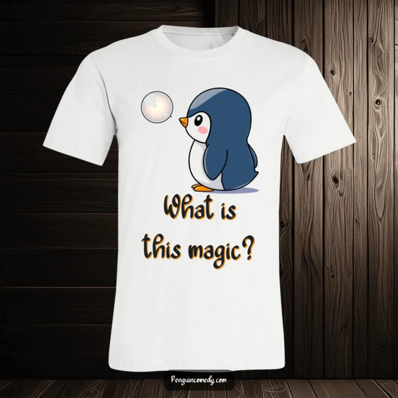 Funny penguin t-shirt, intently watching a shimmering bubble icon, conveying a sense of innocent curiosity and humor, a great tee.