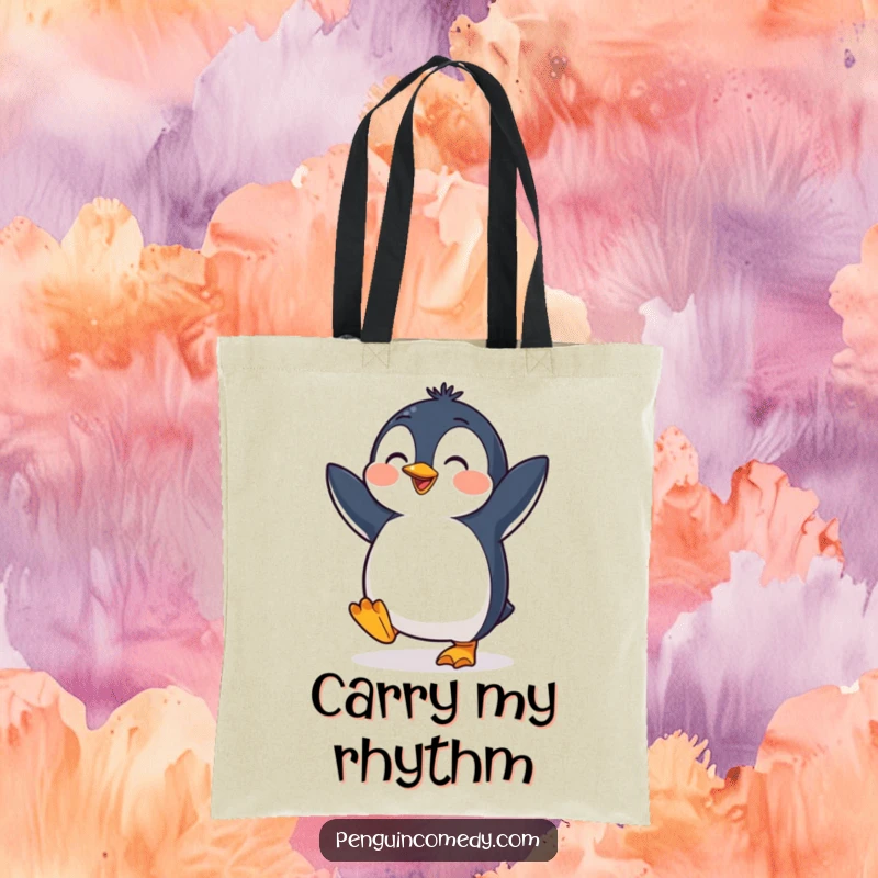 Funny penguin tote bag featuring a cheerful bird mid-dance, tapping its feet with energetic glee, perfect for carrying joy.