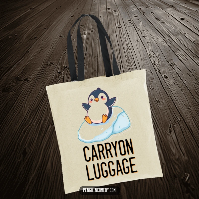 Funny Canvas Tote Bag featuring a cheerful penguin sliding on its belly down an icy hill, perfect for shopping and daily use, a chic funny gift.