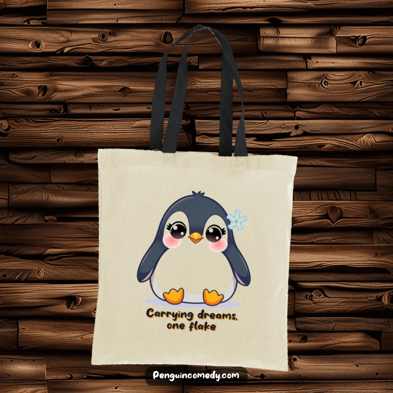 Funny Penguin Tote Bag: An adorable penguin with innocent eyes intently watching a single snowflake descend, perfect for a winter-themed accessory.