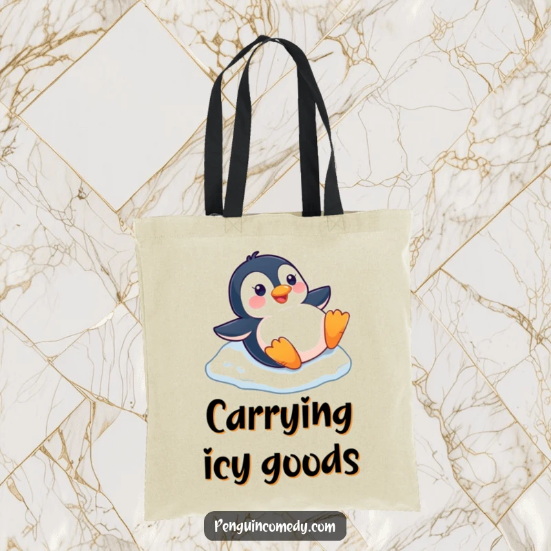 Funny happy penguin sliding down a small ice slope on its belly, printed on a fun winter tote bag.