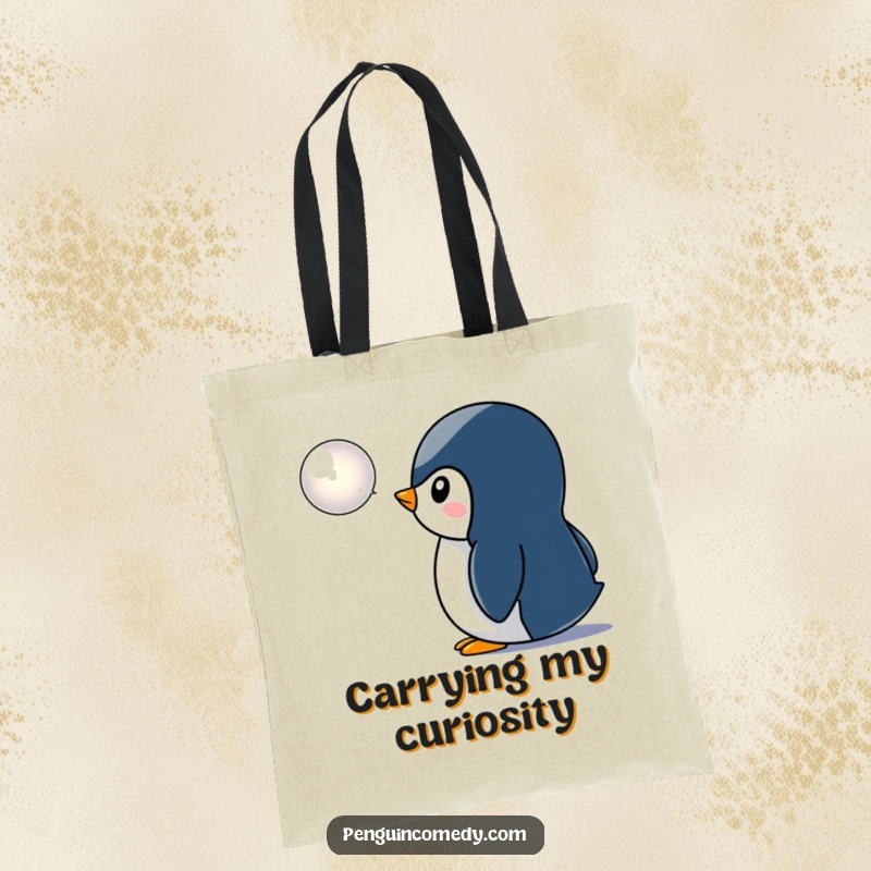 Funny penguin tote bag, gazing at a shiny bubble icon with intense curiosity, showcasing a unique and humorous design for everyday use.