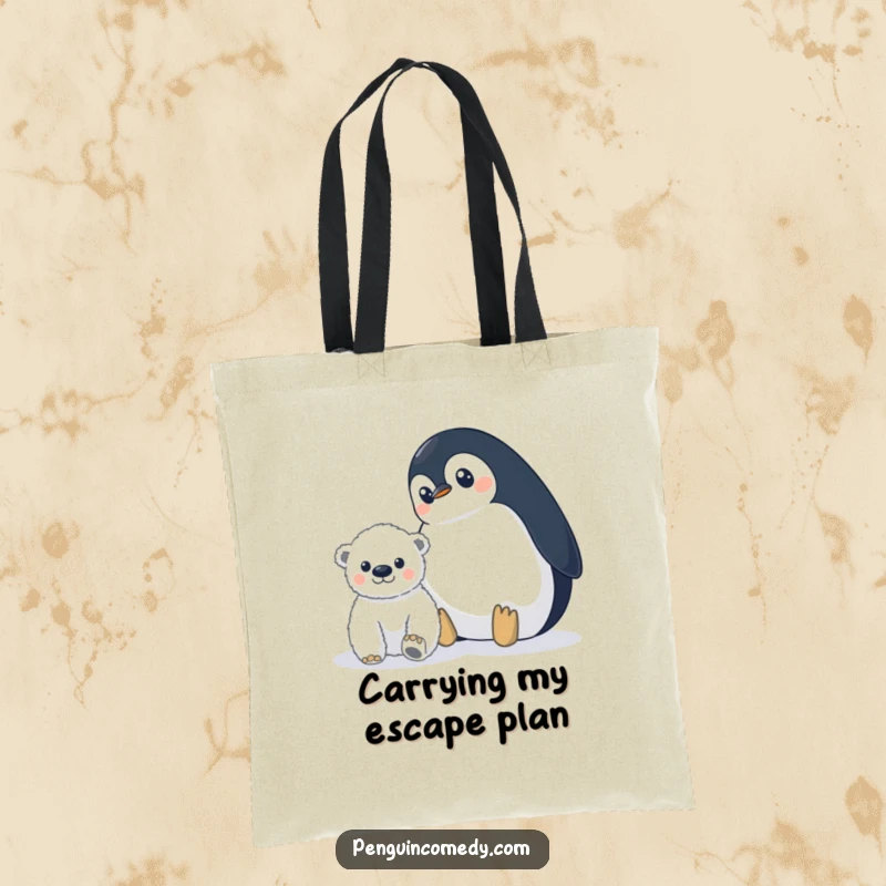 Funny penguin tote bag showing a penguin with wide eyes watching a distant polar bear cub, ideal for carrying items with hilarious awareness.