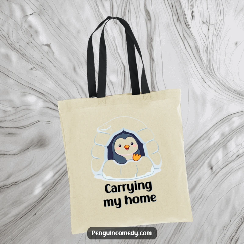 Funny Penguin Tote Bag: a cheerful penguin peeking from an igloo, symbolizing joy and exploration.
