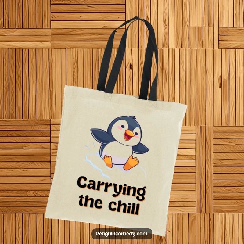 Funny Penguin Tote Bag showcasing a gleeful penguin sliding headfirst down a snowy slope, perfect for errands and carrying items with winter cheer.