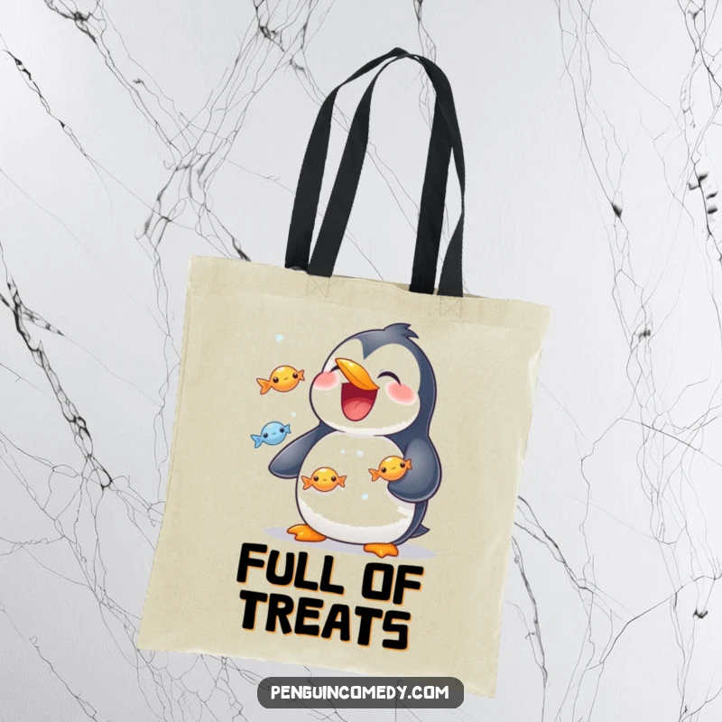 Funny tote bag showcasing a grinning penguin masterfully juggling small, shiny fish, ready to carry your goods.