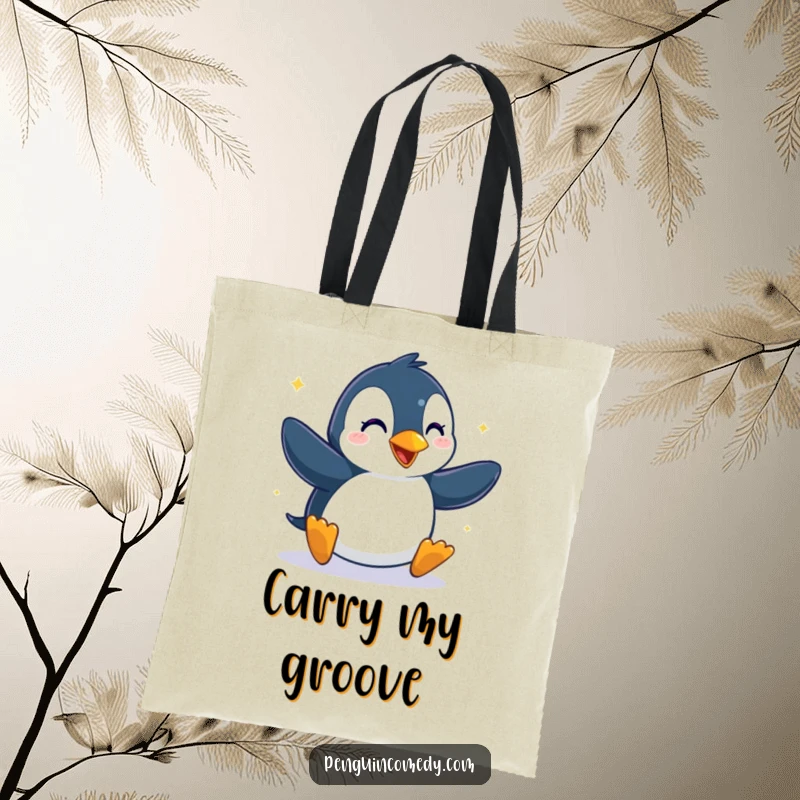 Funny tote bag with a penguin dancing with glee, perfect for carrying items with a dose of joyful personality.