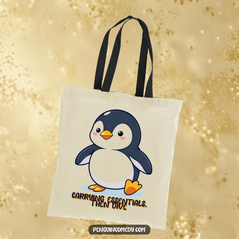 Funny penguin tote bag showing a penguin in an alert stance, ready to dive, ideal for carrying items with motivational flair.
