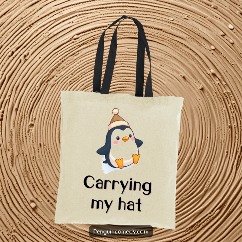 Funny Penguin Hat Tote Bag: A cute penguin with a tiny hat slides joyfully, perfect for carrying your belongings with a smile.