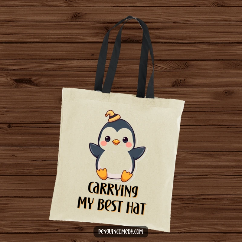 Funny tote bag with a penguin wearing a tiny hat, tipping it with a flourish, perfect for stylish carrying.