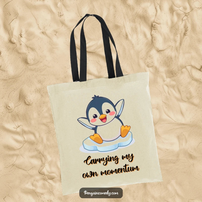 Funny tote bag featuring an ecstatic penguin caught mid-slide headfirst on a slippery ice patch, bringing smiles.