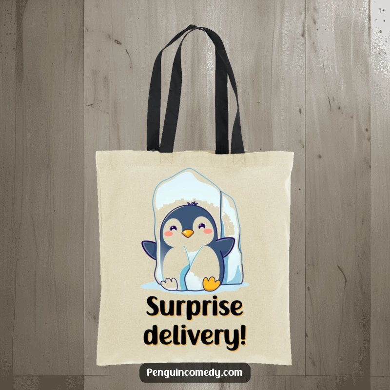 Funny tote bag featuring a penguin with a cheeky grin peeking from behind a large, imposing iceberg in the polar region.