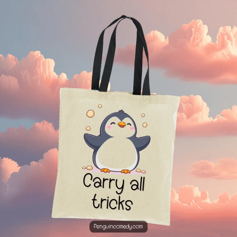 Funny tote bag with a cheerful penguin juggling pebbles, perfect for carrying items with a dose of playful personality.