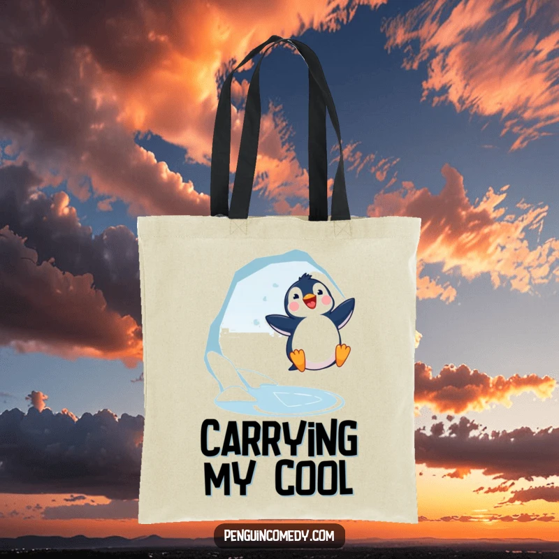 Funny Penguin Jumping Tote Bag: A happy penguin leaps near an ice hole, making this bag a symbol of arctic fun.