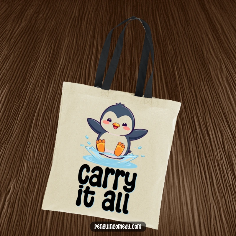 Funny tote bag depicting a playful penguin leaping into the water with flippers outstretched, ready for adventure.