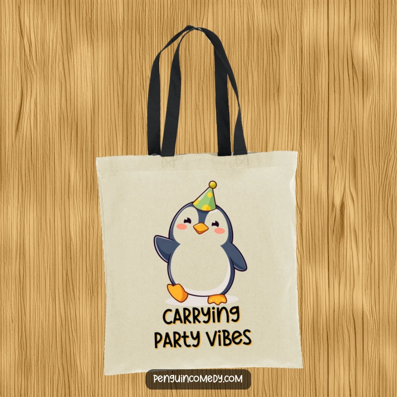 Funny cute penguin with a party hat, waddling happily, making this tote bag a humorous and practical funny gift.