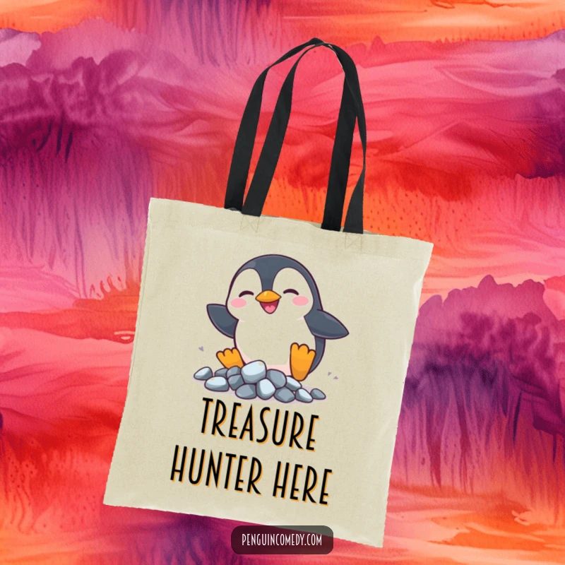 Funny Penguin Rocks Tote Bag: A silly penguin chases shiny rocks, making this bag a symbol of playful pursuit.