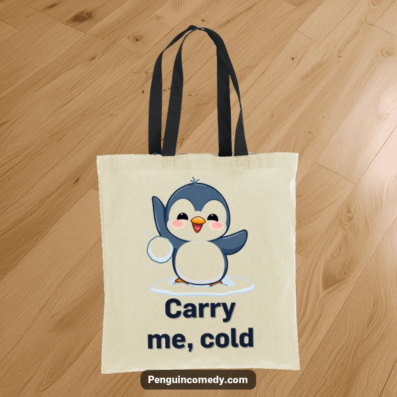 Funny tote bag featuring a cute penguin mid-snowball throw, perfect for carrying groceries with a dose of arctic humor.