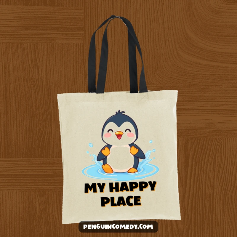 Funny Penguin Splashing Puddle Tote Bag, a tote with a playful penguin character splashing exuberantly in a vibrant blue puddle, symbolizing joy.