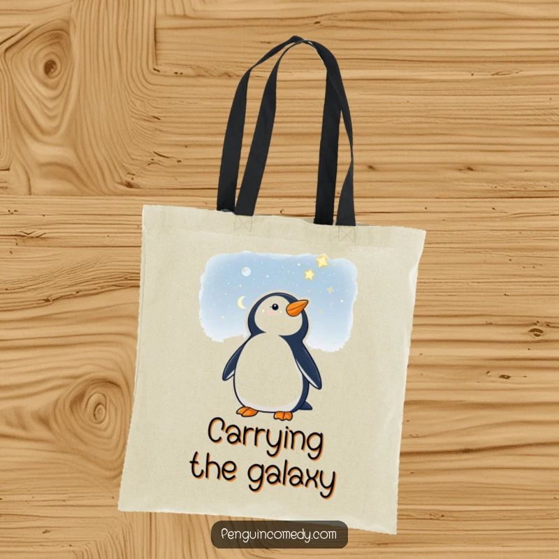 Funny tote bag featuring a penguin gazing at a starry night, perfect for carrying daily essentials.