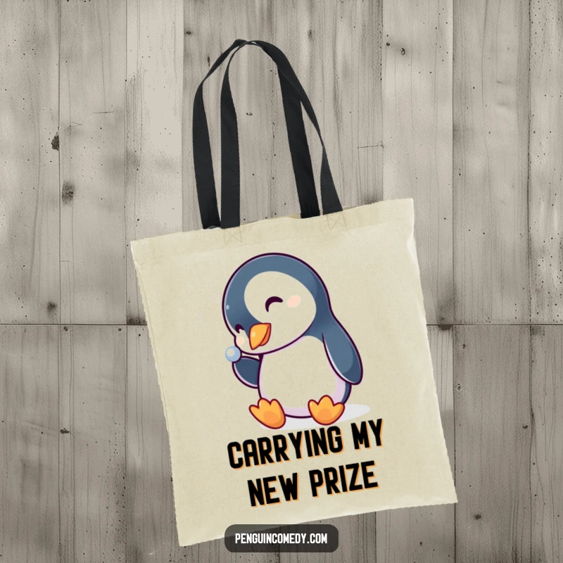 Funny penguin tote bag, a curious bird tilting its head, eyes fixed on a dazzling shiny object, ready for adventure.