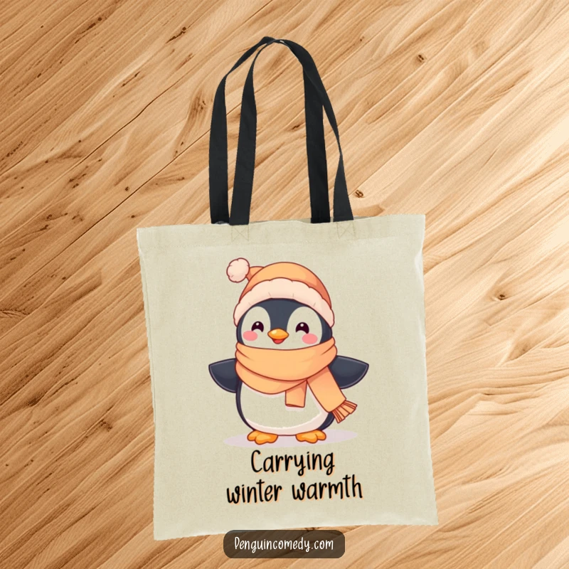 Funny reusable tote bag featuring a cute penguin in a scarf and hat, waddling happily, perfect for shopping.