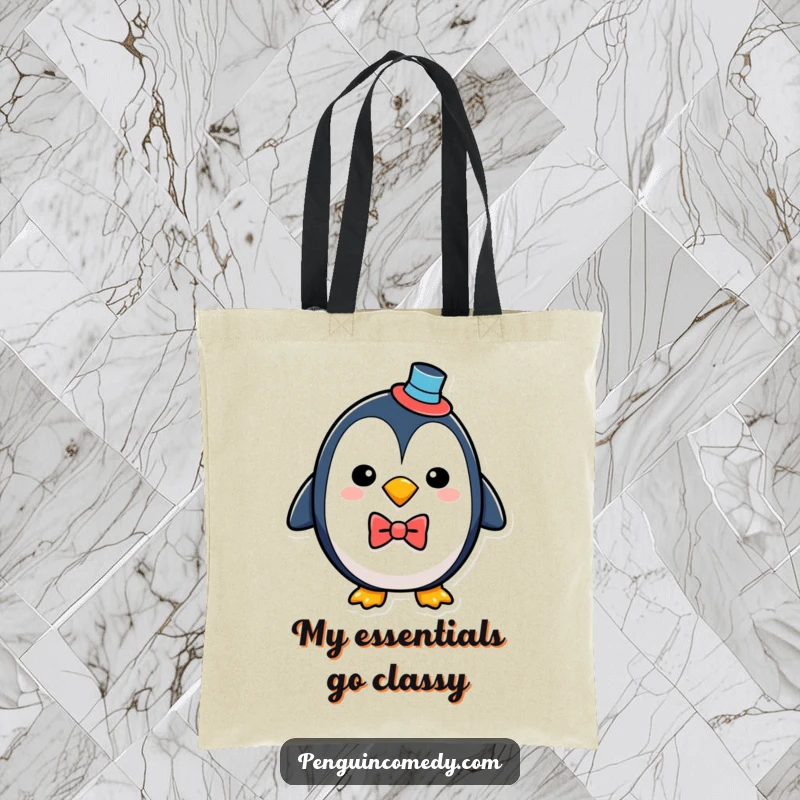 Funny penguin wearing a top hat and bowtie, depicted stylishly on a reusable tote bag, ready for errands.