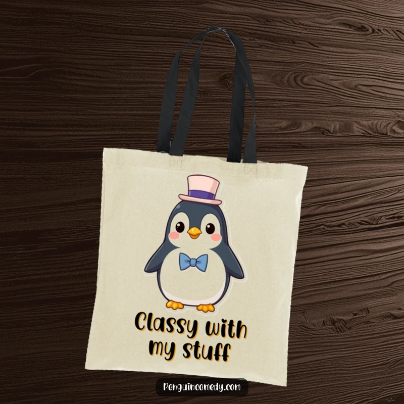 Funny Tote Bag: A distinguished penguin character wearing a top hat and bowtie, looking very smart.