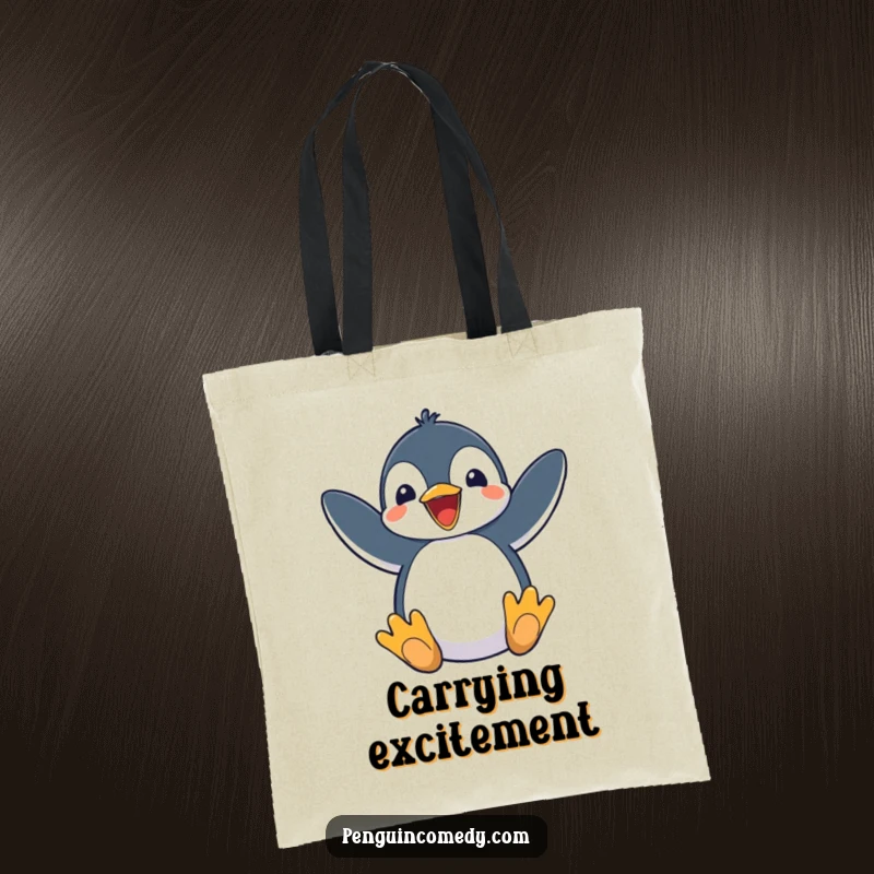 Funny Penguin Tote Bag showing an excited penguin flapping its flippers, symbolizing enthusiasm and joy.