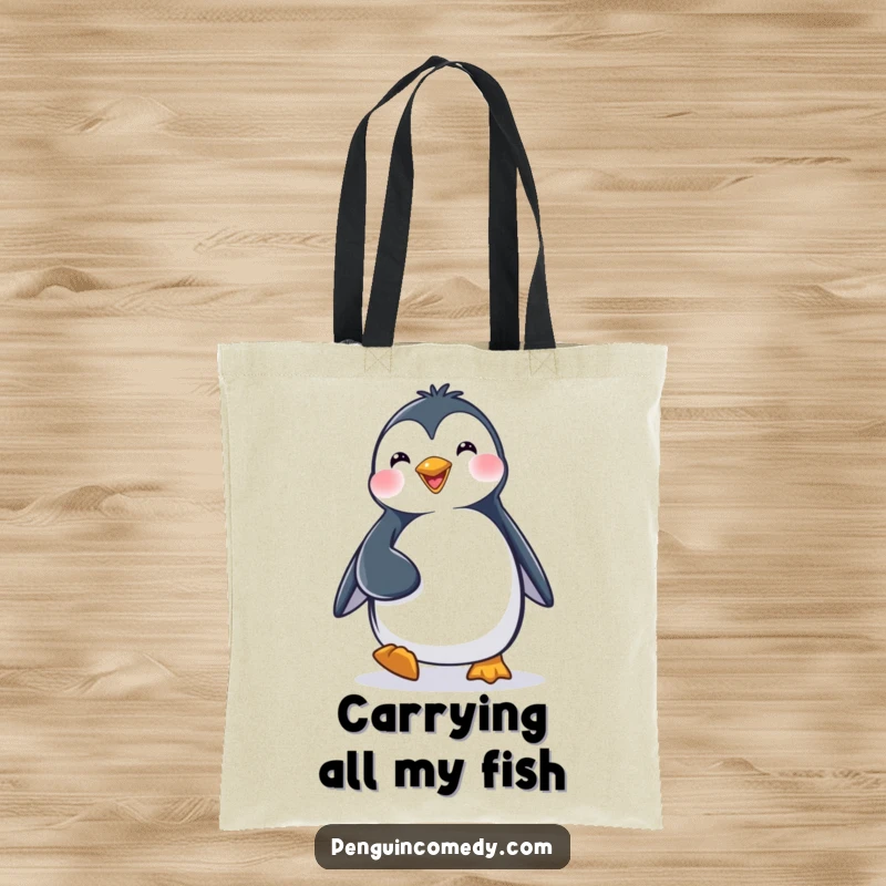 Funny Tote Bag: A happy penguin character waddling with a determined stride, ready for any adventure.