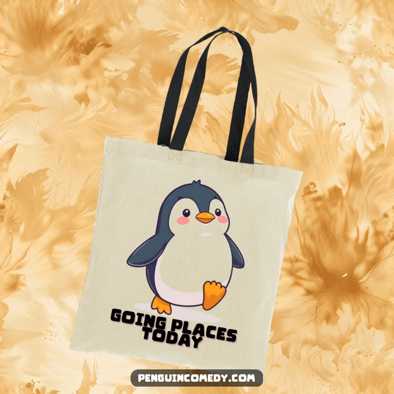 Funny Penguin Waddling Determinedly Tote Bag, a sturdy bag with a determined penguin character on its way, symbolizing progress and humor.