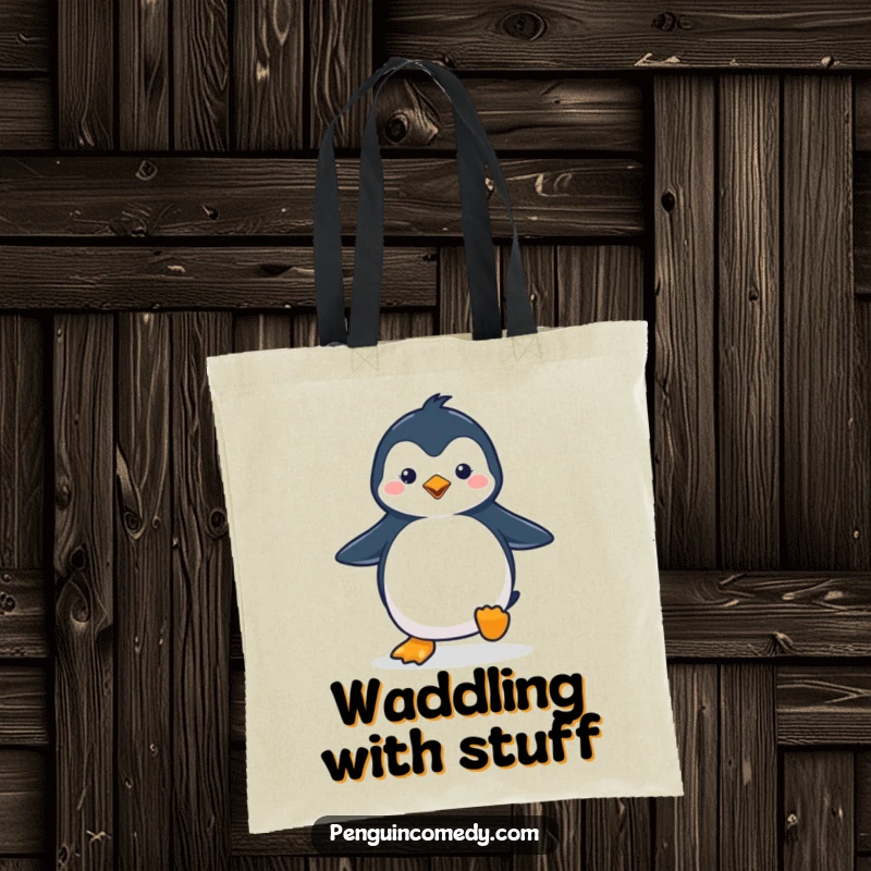 Funny penguin tote bag with a cute penguin waddling with a happy stride, symbolizing cheerful travel and adorable cuteness.