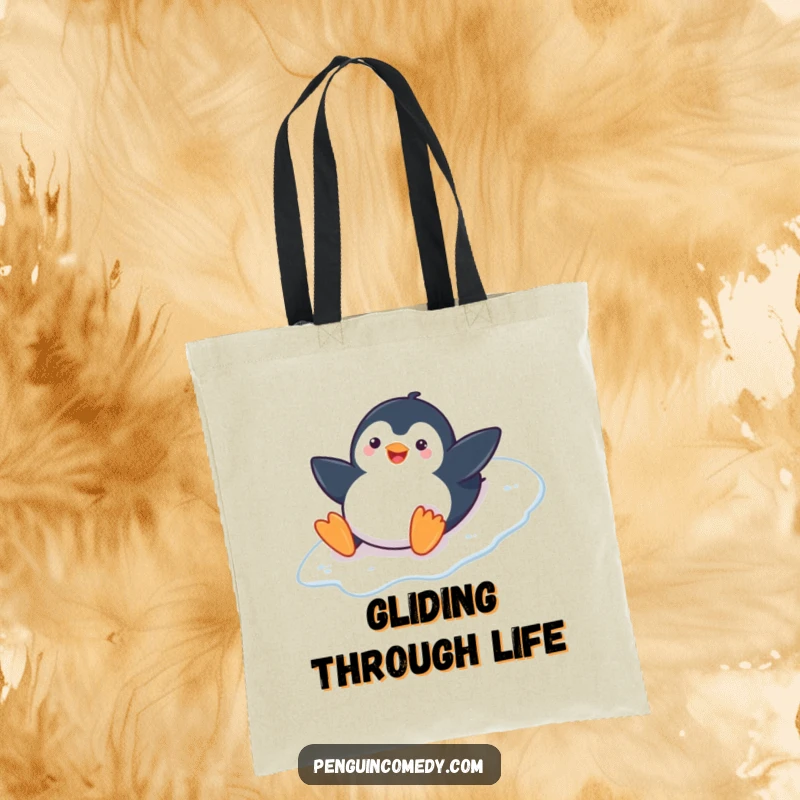 Funny Penguin Canvas Tote Bag: A playful penguin smiles, belly sliding down an icy slope, a charming and funny gift.